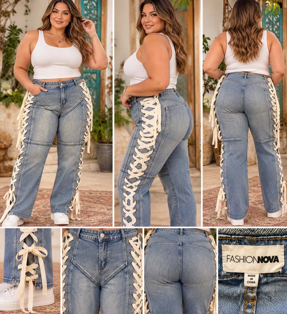 Fashion Nova Tied To You Lace Up Jeans Size 15 Medium Blue Denim